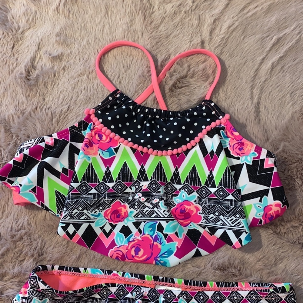 Wonder Nation M (7-8) girls 2-piece bikini swimsuit black pink neon green white‌ - Picture 3 of 13
